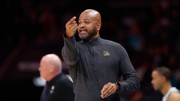 Mar 12, 2023; Charlotte, North Carolina, USA; Cleveland Cavaliers head coach J.B. Bickerstaff gives instructions to his team during the first half against the Charlotte Hornets at Spectrum Center. Mandatory Credit: Brian Westerholt-USA TODAY Sports