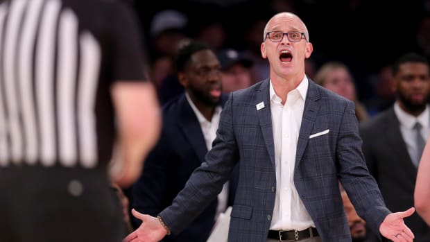 Dec 5, 2023; New York, New York, USA; Connecticut Huskies head coach Dan Hurley argues with a referee during the first half against the North Carolina Tar Heels at Madison Square Garden. Mandatory Credit: Brad Penner-USA TODAY Sports  