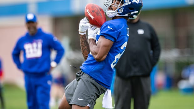 May 13, 2022; East Rutherford, NJ, USA; New York Giants running back Jashaun Corbin (25) practices a drill during rookie camp at Quest Diagnostics Training Center.