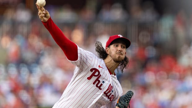 Aug 9, 2023; Philadelphia, Pennsylvania, USA; Philadelphia Phillies starting pitcher Michael Lorenzen (22) throws a pitch during the second inning against the Washington Nationals at Citizens Bank Park. Mandatory Credit: Bill Streicher-USA TODAY Sports  