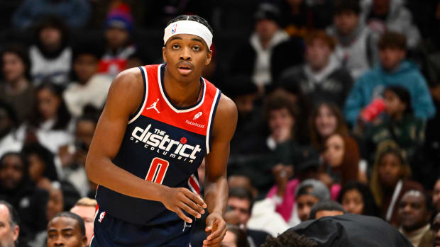 Washington Wizards guard Bilal Coulibaly (0) looks on against the Atlanta Hawks during the second half at Capital One Arena.