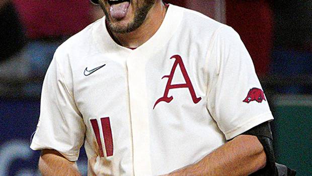 Arkansas outfield Jared Wegner gets excited during the College Baseball Showdown.