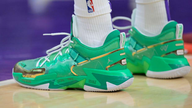 View of green Jordan shoes.