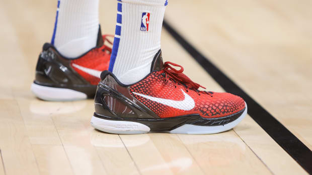 View of the red and black Nike Kobe 6 basketball shoes.