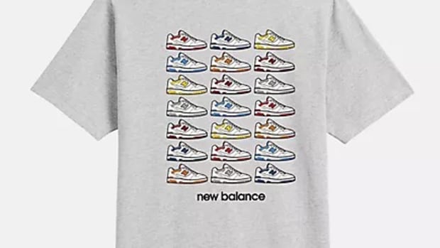 Grey New Balance shirt showing multi-color sneakers.