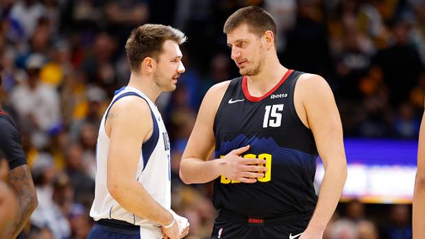 Dallas Mavericks superstar Luka Doncic with Denver Nuggets superstar Nikola Jokic.