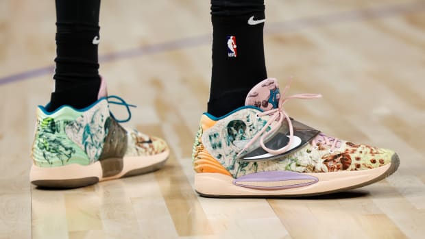 Brooklyn Nets forward Kevin Durant wore the Nike KD 14 shoes against the Detroit Pistons on December 12, 2021.