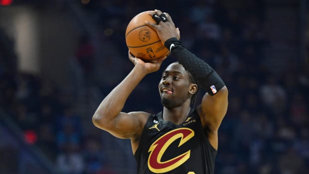 Mar 15, 2023; Cleveland, Ohio, USA; Cleveland Cavaliers guard Caris LeVert (3) shoots in the second quarter against the Philadelphia 76ers at Rocket Mortgage FieldHouse. Mandatory Credit: David Richard-USA TODAY Sports