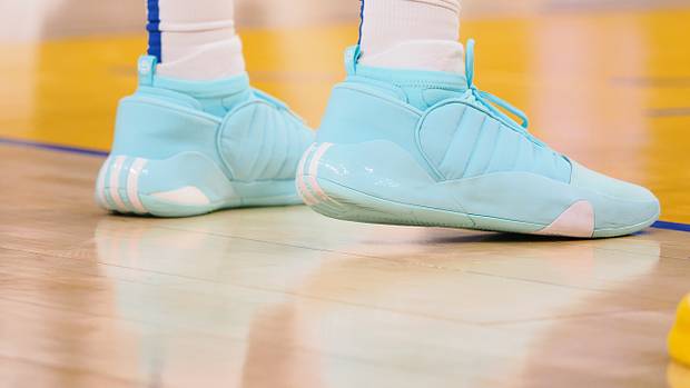 James Harden's blue and white adidas sneakers.