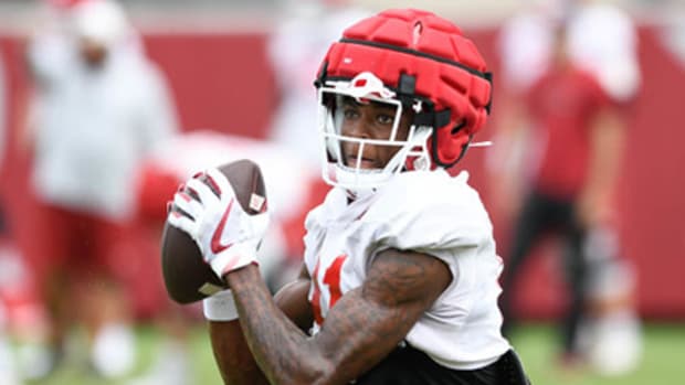 Quincy McAdoo works through drills this past August. The defensive back who was recently injured in a car wreck was moved to defense out of need part way through the season.