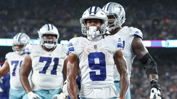 Dallas Cowboys wide receiver KaVontae Turpin (9) celebrates his rushing touchdown with teammates during the second half against the Dallas Cowboys at MetLife Stadium.