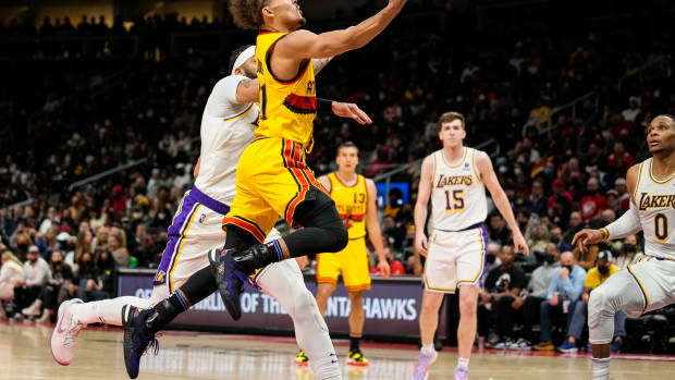 Atlanta Hawks guard Trae Young (11) goes to the basket against the Los Angeles Lakers during the second half at State Farm Arena.