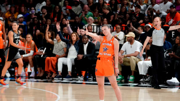 Sabrina Ionescu celebrates after scoring in the 2023 WNBA All-Star Game.