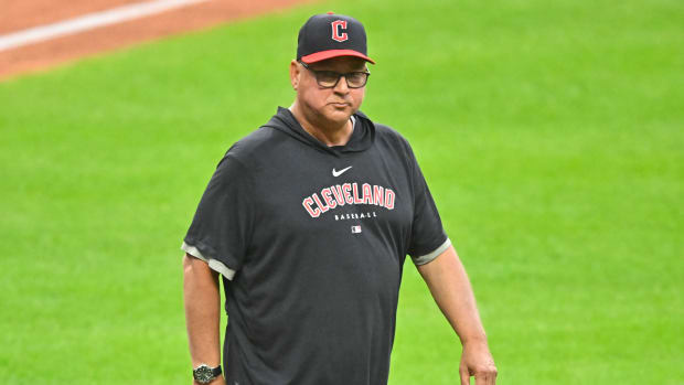 Sep 2, 2023; Cleveland, Ohio, USA; Cleveland Guardians manager Terry Francona (77) walks on the field in the fifth inning against the Tampa Bay Rays at Progressive Field.