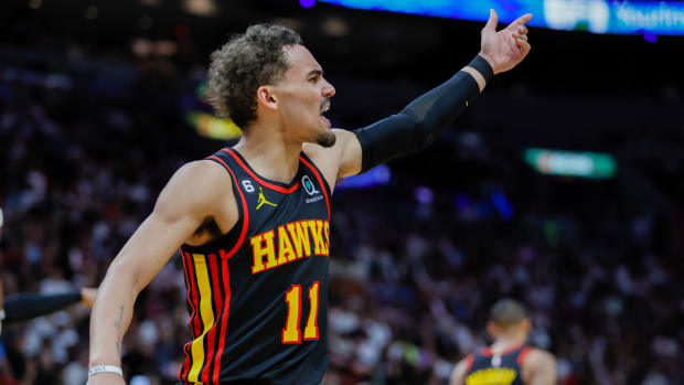 Atlanta Hawks guard Trae Young reacts after a foul.