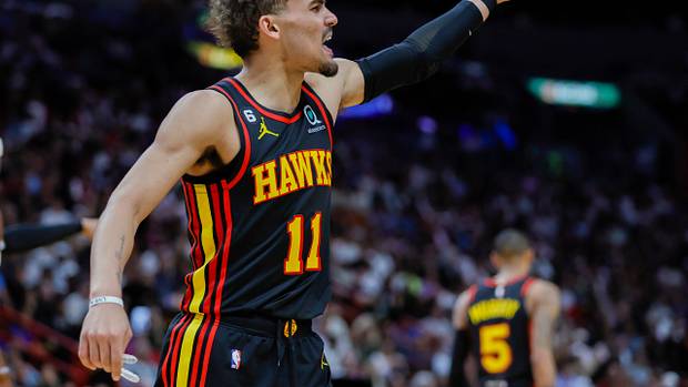 Atlanta Hawks guard Trae Young reacts after a foul.