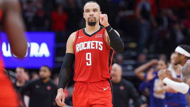 Rockets forward Dillon Brooks (9) reacts after a call during the fourth quarter against the New York Knicks at Toyota Center.