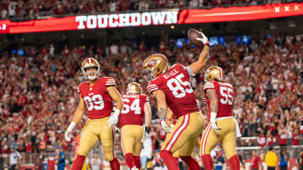 October 8, 2023; Santa Clara, California, USA; San Francisco 49ers tight end George Kittle (85) celebrates after scoring a touchdown against the Dallas Cowboys during the third quarter at Levi's Stadium. Mandatory Credit: Kyle Terada-USA TODAY Sports