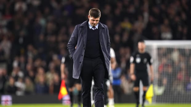Steven Gerrard pictured with his head bowed after losing his final game as Aston Villa manager - 3-0 to Fulham in October 2022