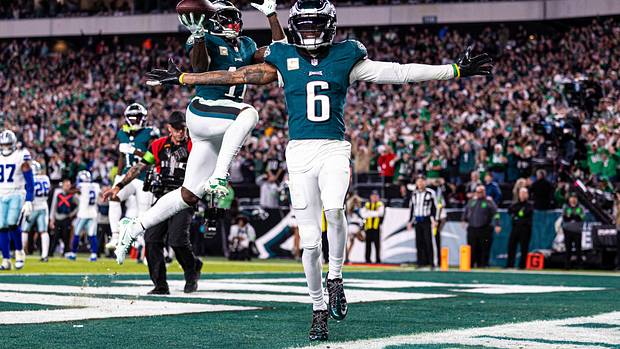 Philadelphia Eagles wide receiver DeVonta Smith (6) and wide receiver A.J. Brown (11) celebrate a touchdown against the Dallas Cowboys during the third quarter at Lincoln Financial Field.