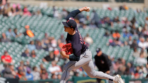 Apr 19, 2023; Detroit, Michigan, USA; Cleveland Guardians relief pitcher James Karinchak (99) pitches in the eighth inning against the Detroit Tigers at Comerica Park. Mandatory Credit: Rick Osentoski-USA TODAY Sports