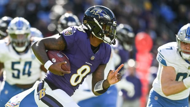 Oct 22, 2023; Baltimore, Maryland, USA; Baltimore Ravens quarterback Lamar Jackson (8) rushes during the first half against the Detroit Lions at M&T Bank Stadium. Mandatory Credit: Tommy Gilligan-USA TODAY Sports
