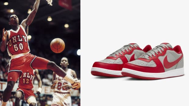 UNLV Runnin' Rebels guard Greg Anthony next to a red and silver Nike sneaker.