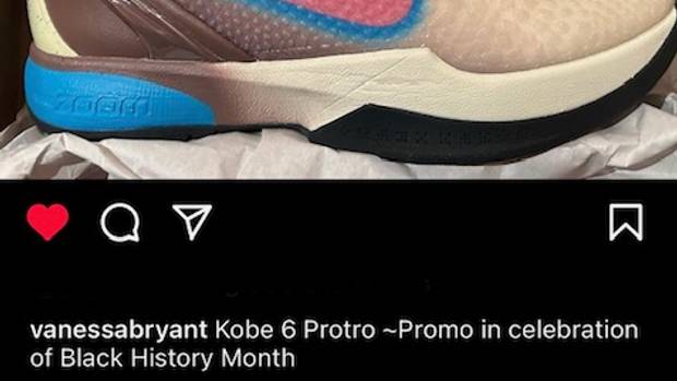View of grey, pink, and blue Kobe shoes.