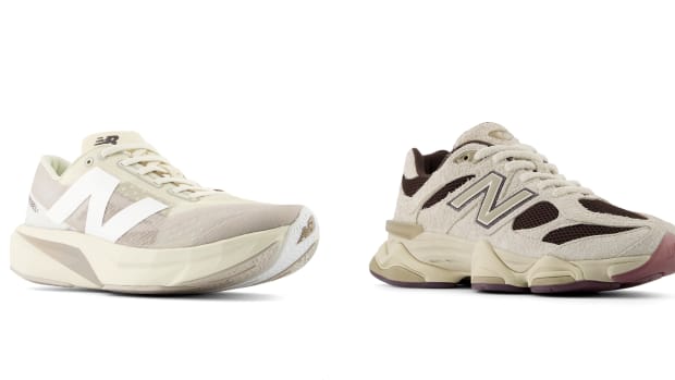 Side view of tan and brown New Balance sneakers.