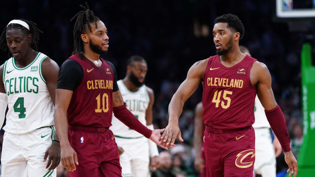 Dec 14, 2023; Boston, Massachusetts, USA; Cleveland Cavaliers guard Donovan Mitchell (45) and guard Darius Garland (10) on the court against the Boston Celtics in the second half at TD Garden.