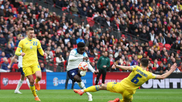 Bukayo Saka pictured (center) scoring for England in a 2-0 win over Ukraine in March 2023