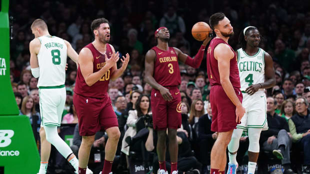 Dec 14, 2023; Boston, Massachusetts, USA; Cleveland Cavaliers forward Georges Niang (20) reacts after a call as they take on the Boston Celtics in the second quarter at TD Garden.