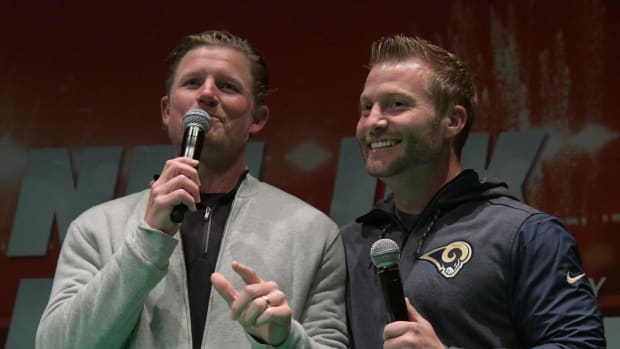 Los Angeles Rams general manager Les Snead (left) and coach Sean McVay on stage during NFL UK Live at The Mermaid London.
