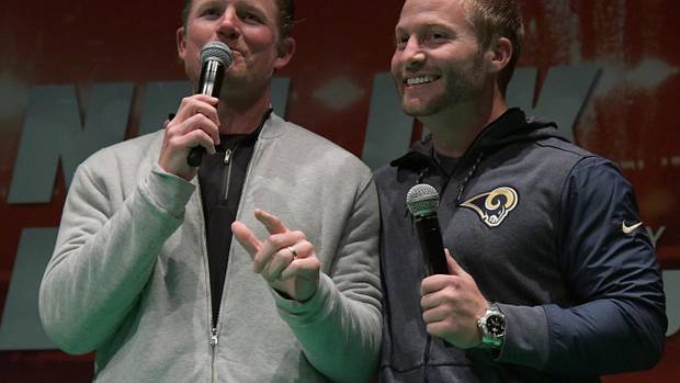 Los Angeles Rams general manager Les Snead (left) and coach Sean McVay on stage during NFL UK Live at The Mermaid London.