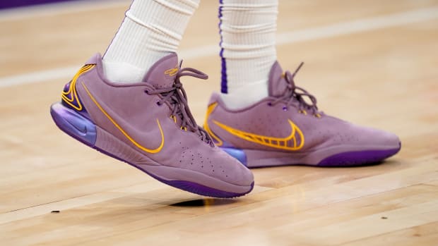 Los Angeles Lakers forward LeBron James' purple and gold Nike sneakers.