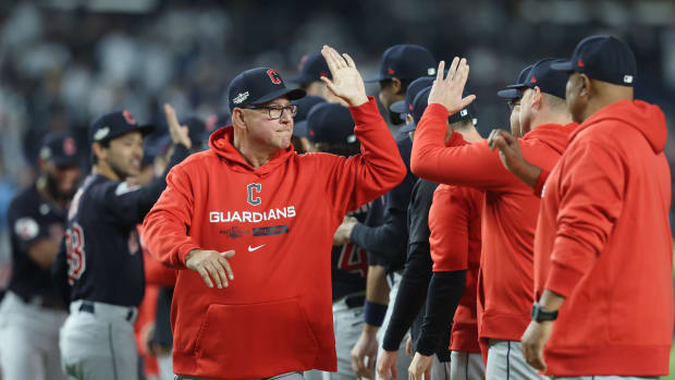Oct 11, 2022; Bronx, New York, USA; Cleveland Guardians manager Terry Francona is introduced before game one of the ALDS against the New York Yankees for the 2022 MLB Playoffs at Yankee Stadium. Mandatory Credit: Brad Penner-USA TODAY Sports