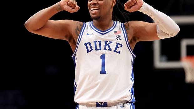 Duke Blue Devils guard Trevor Keels (1) reacts during the second half of the ACC Tournament semifinal game against the Miami Hurricanes at Barclays Center.
