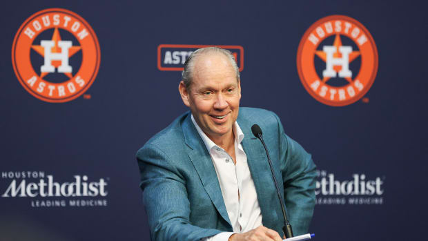 Aug 1, 2023; Houston, Texas, USA; Houston Astros owner Jim Crane speaks with media before the game against the Cleveland Guardians at Minute Maid Park. Mandatory Credit: Troy Taormina-USA TODAY Sports