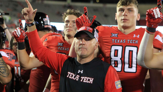Sep 3, 2022; Lubbock, Texas, USA; Texas Tech Red Raiders head coach Joey McGuire celebrates with his team after the victory against the Murray State Racers at Jones AT&T Stadium and Cody Campbell Field. Mandatory Credit: Michael C. Johnson-USA TODAY Sports