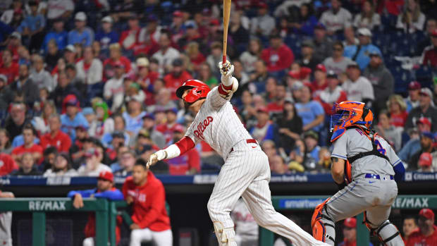 Sep 24, 2023; Philadelphia, Pennsylvania, USA; Philadelphia Phillies right fielder Nick Castellanos (8) watches his two run home run against the New York Mets during the fourth inning at Citizens Bank Park. Mandatory Credit: Eric Hartline-USA TODAY Sports  