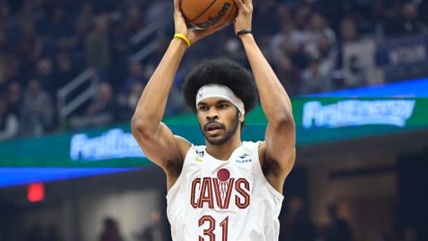 Feb 26, 2023; Cleveland, Ohio, USA; Cleveland Cavaliers center Jarrett Allen (31) rebounds in the first quarter against the Toronto Raptors at Rocket Mortgage FieldHouse. Mandatory Credit: David Richard-USA TODAY Sports