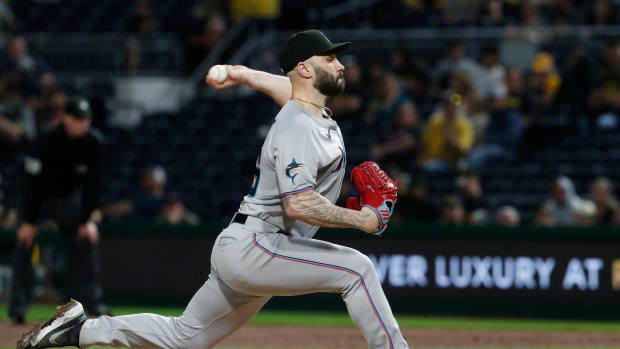 Sep 30, 2023; Pittsburgh, Pennsylvania, USA; Miami Marlins relief pitcher Tanner Scott (66) pitches against the Pittsburgh Pirates during the ninth inning at PNC Park. Miami won 7-4. Mandatory Credit: Charles LeClaire-USA TODAY Sports  