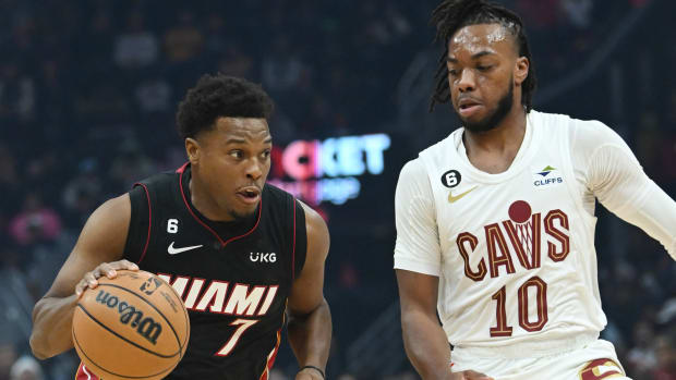 Miami Heat guard Kyle Lowry (7) drives to the basket against Cleveland Cavaliers guard Darius Garland (10) during the first quarter at Rocket Mortgage FieldHouse.