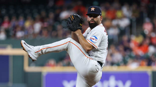 Apr 18, 2023; Houston, Texas, USA; Houston Astros starting pitcher Jose Urquidy (65) delivers a pitch during the second inning against the Toronto Blue Jays at Minute Maid Park. Mandatory Credit: Troy Taormina-USA TODAY Sports