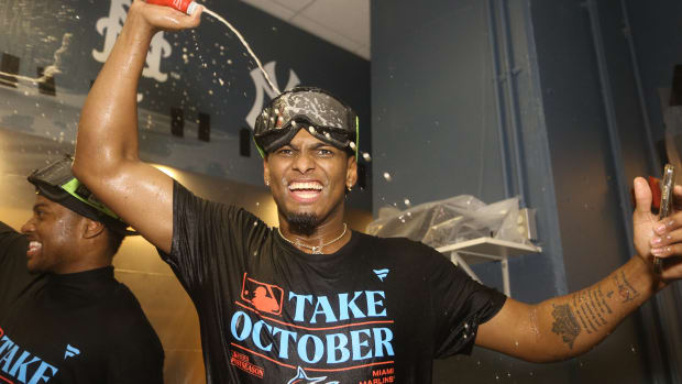 Sep 30, 2023; Pittsburgh, Pennsylvania, USA; Miami Marlins Jorge Soler celebrates in the locker room after defeating the Pittsburgh Pirates at PNC Park to secure a berth in the 2023 MLB playoffs. Miami won 7-4. Mandatory Credit: Charles LeClaire-USA TODAY Sports  
