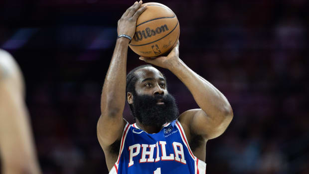 May 11, 2023; Philadelphia, Pennsylvania, USA; Philadelphia 76ers guard James Harden (1) shoots against the Boston Celtics during the first quarter in game six of the 2023 NBA playoffs at Wells Fargo Center.