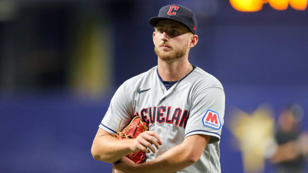 Aug 13, 2023; St. Petersburg, Florida, USA; Cleveland Guardians starting pitcher Tanner Bibee (61) walks off the field against the Tampa Bay Rays in the seventh inning at Tropicana Field. Mandatory Credit: Nathan Ray Seebeck-USA TODAY Sports