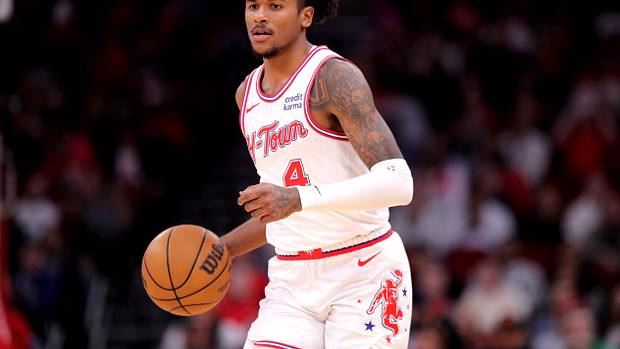 Rockets guard Jalen Green handles the ball against the Indiana Pacers during the second quarter at Toyota Center.