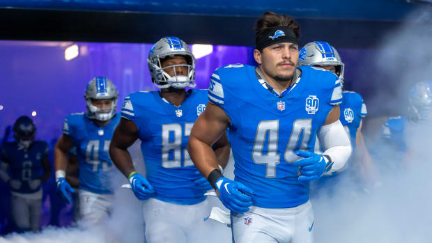 Aug 11, 2023; Detroit, Michigan, USA; Detroit Lions linebacker Malcolm Rodriguez (44) runs out to the field before the start of the NFL game against the New York Giants at Ford Field. Mandatory Credit: David Reginek-USA TODAY Sports