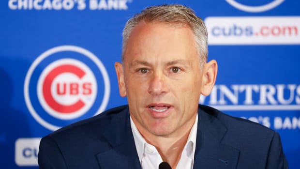 Nov 13, 2023; Chicago, Illinois, USA; Chicago Cubs president of baseball operations Jed Hoyer speaks before introducing Craig Counsell as new Cubs manager during a press conference in Chicago. Mandatory Credit: Kamil Krzaczynski-USA TODAY Sports  